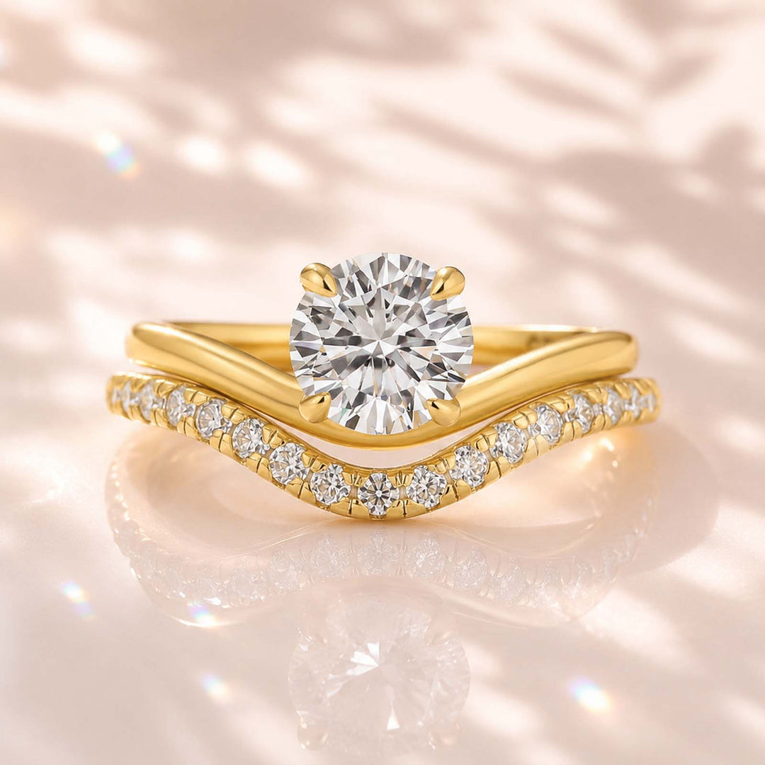 S925 Moissanite 1.0Ct Round Cut Promise Ring & V-Shaped 0.25Ct Band Stackable Bridal Ring Set