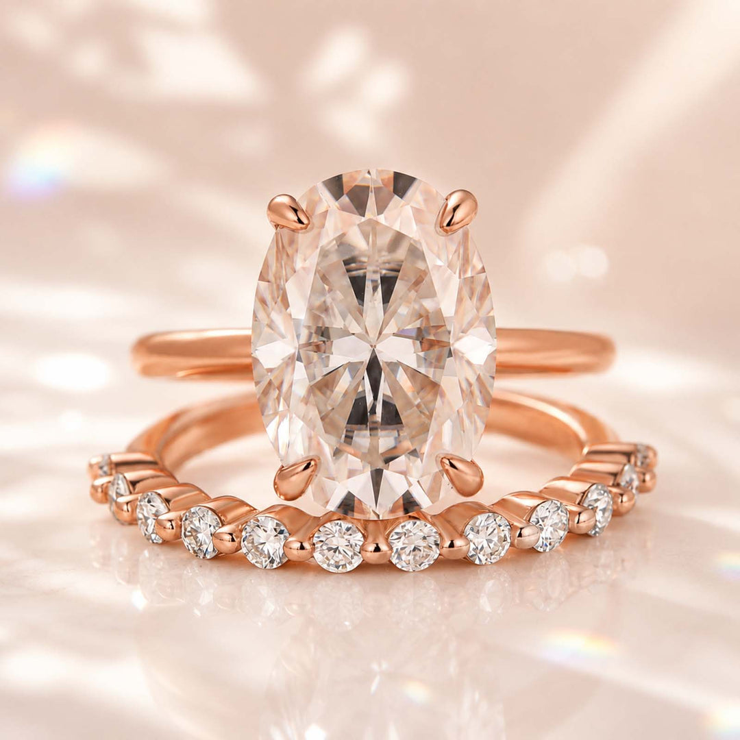 S925 Moissanite Solitaire 5.5Ct Oval Cut Rose Gold Wedding Ring Set With Round Cut Wedding Band