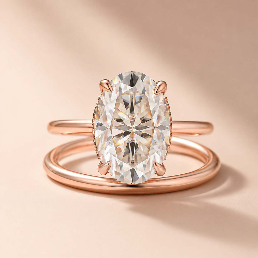 Rodiffy Moissanite 4.0Ct Solitaire Oval Cut Rose Gold Engagement Ring with Plain Wedding Band