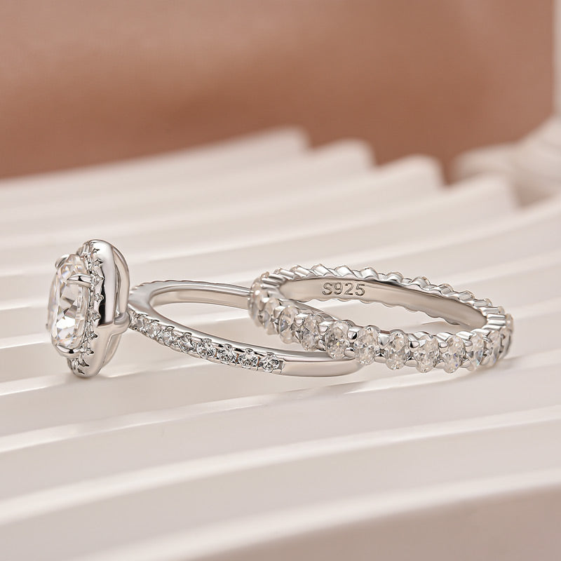 Rodiffy Moissanite 2.0 Ct Halo Round Cut White Gold Wedding Ring with Oval Cut Wedding Band