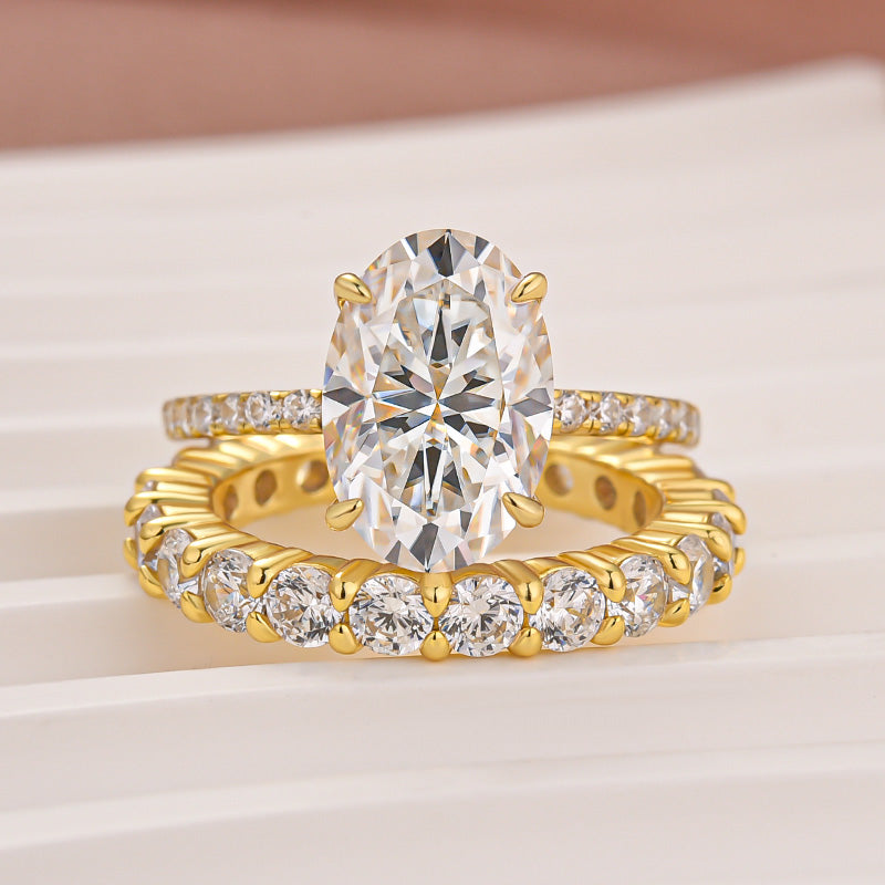 Moissanite 4.0Ct Oval Cut Hidden Halo 2PC Stackable Statement Ring Sets In Sterling Silver