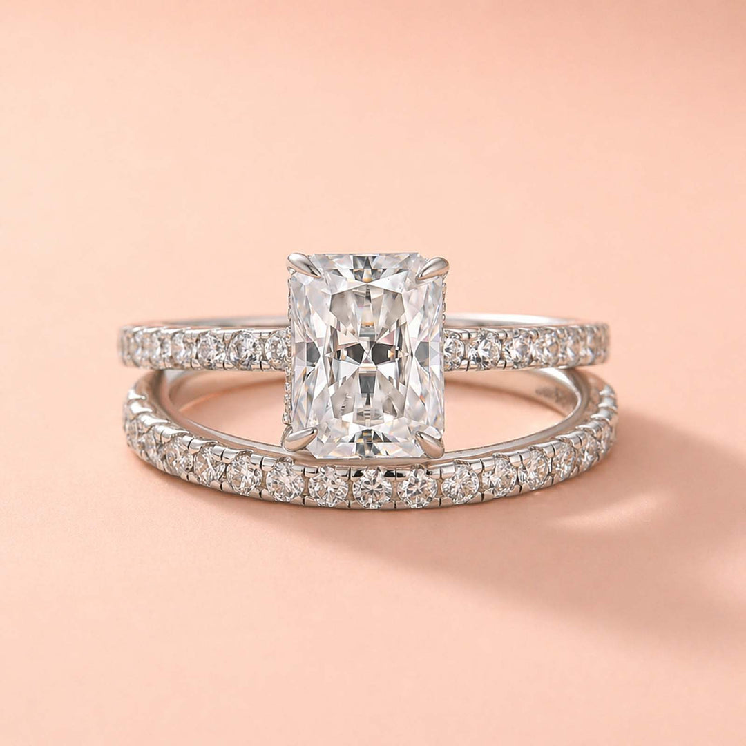 Rodiffy Moissanite S925 2.0Ct Radiant Cut Engagement Ring Set in Sterling Silver with Pave Wedding Band