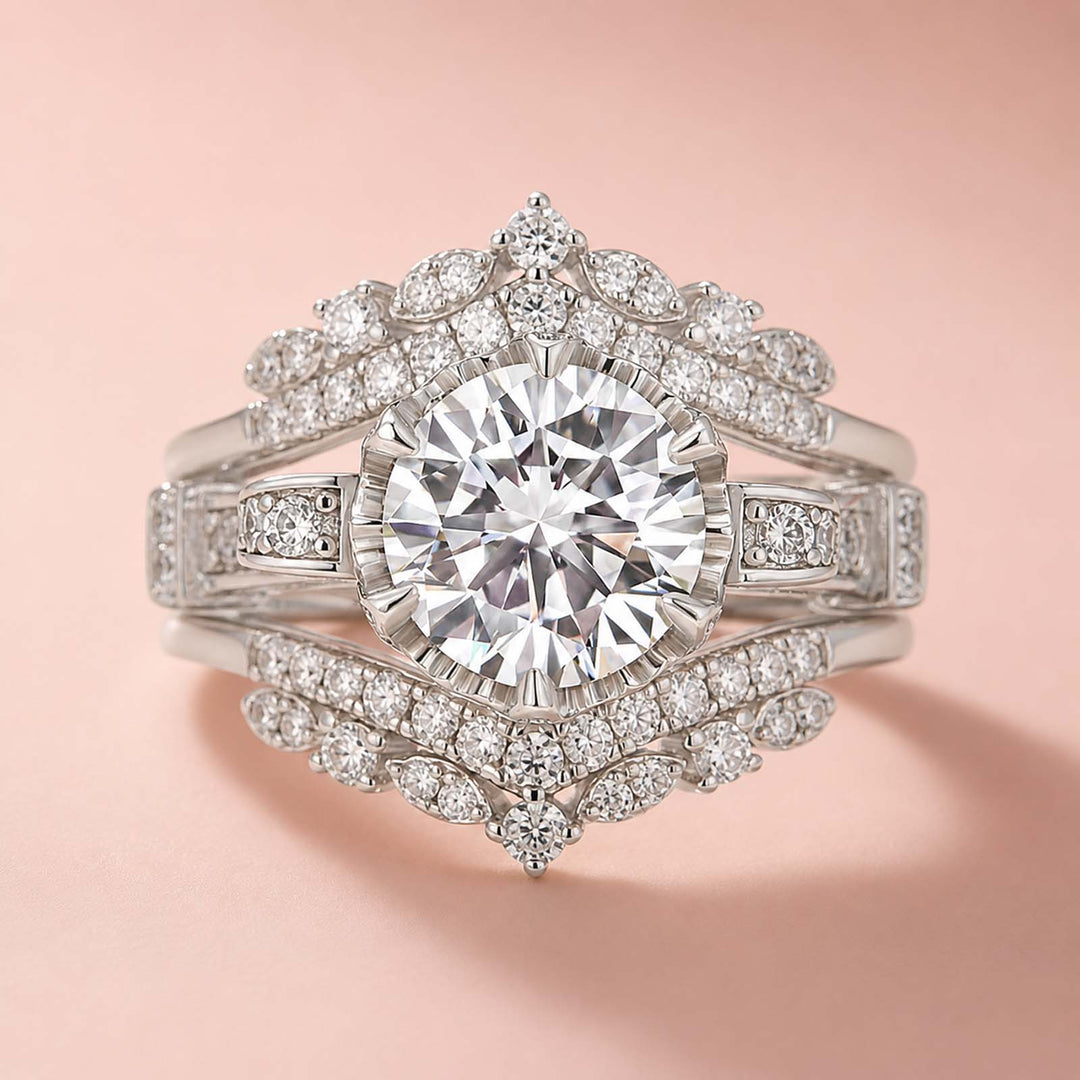 Rodiffy Moissanite 2.0Ct Round Cut Engagement Ring with 1.65Ct Enhancer Wedding Band