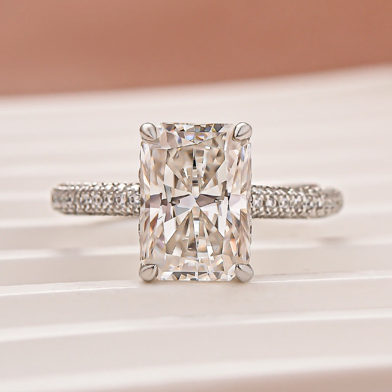 Moissanite Triple Row Pavé 3.5Ct Radiant Cut White Gold Engagement Ring