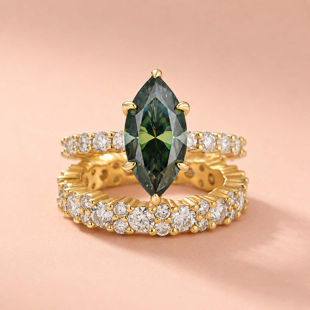 S925 Green Moissanite 3.0 Ct Marquise Cut Side Stone Engagement Ring with 2.5 Ct Round Cut Full Wedding Band
