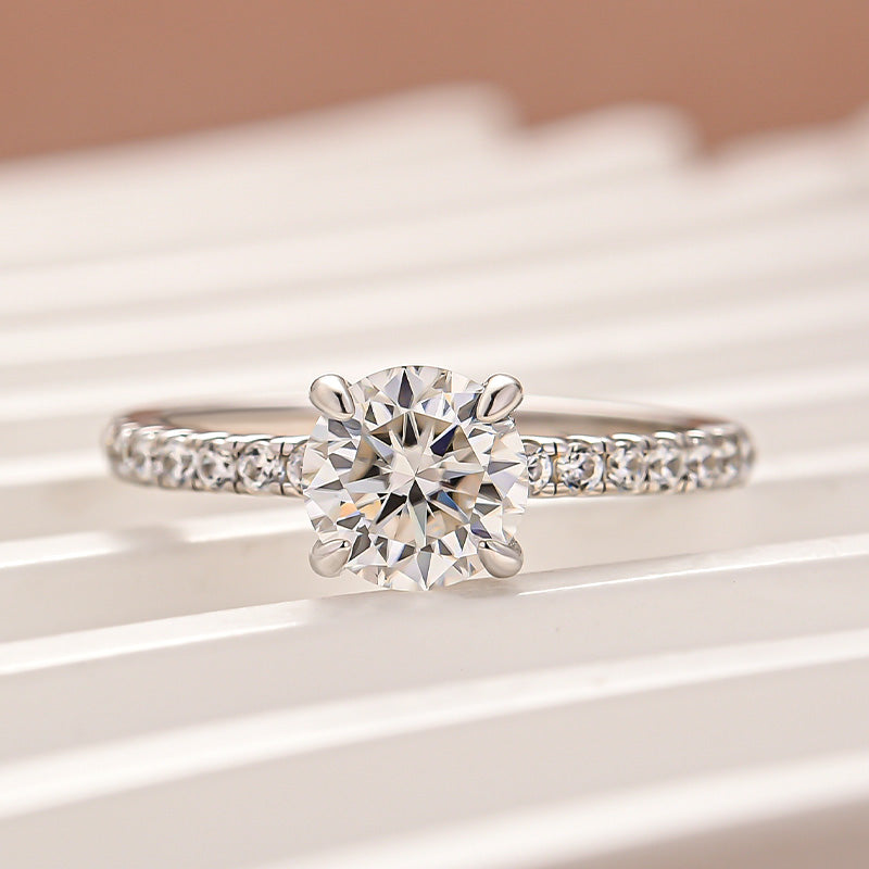 Triple Row Pavé 1.0Ct/2.0Ct Round Cut Moissanite Engagement Ring In Sterling Silver