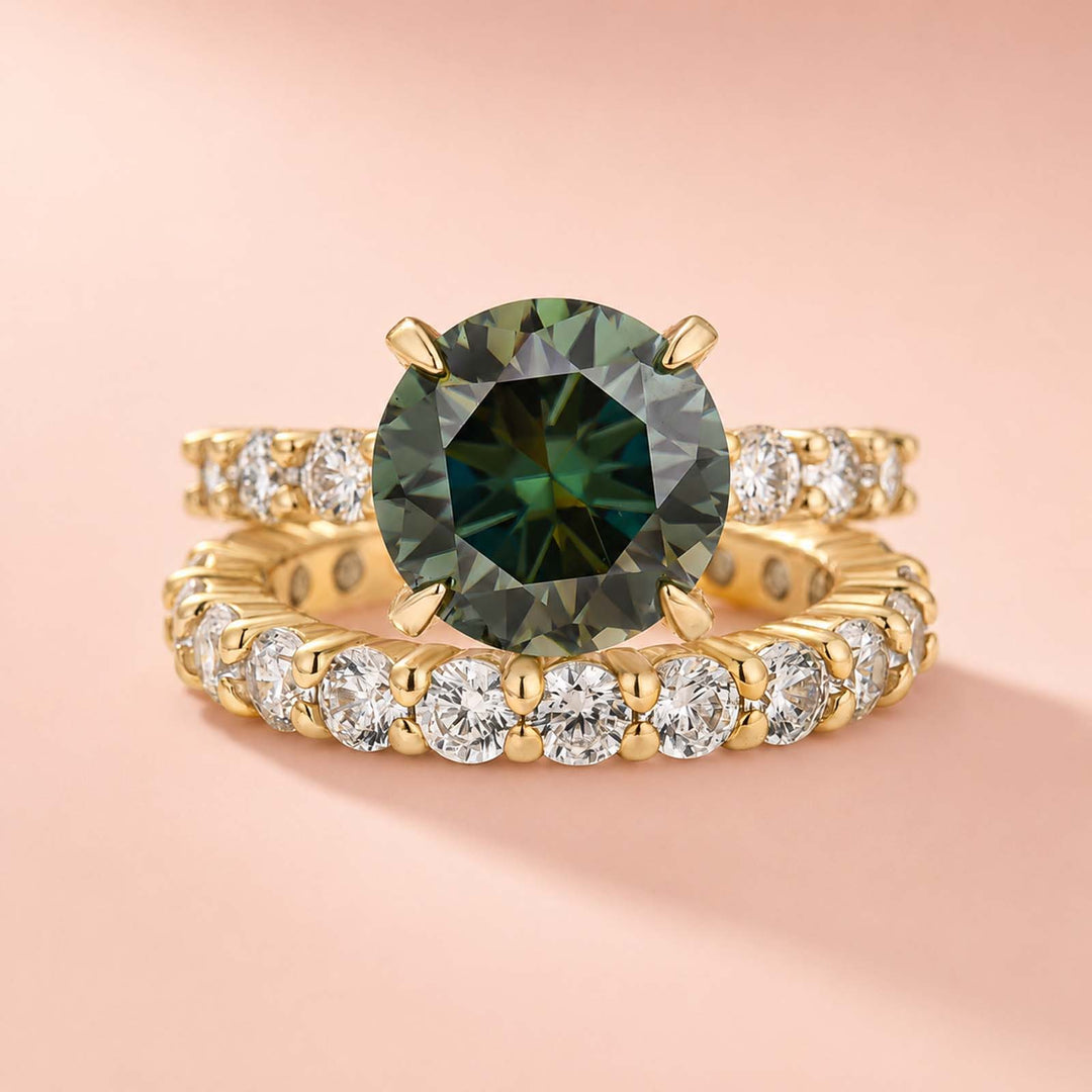 S925 Green Moissanite 4.0CT Round Cut Hidden Halo Engagement Ring with 2.5Ct Round Cut Wedding Band For Women
