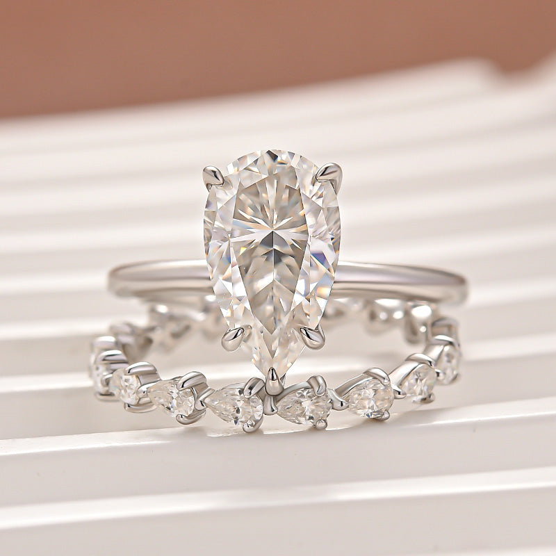 Rodiffy 2PC Moissanite 4.0Ct Pear Cut Engagement Ring With Pear Cut Wedding Band Wedding Ring Set