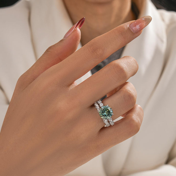 Moissanite 4.0Ct Round Cut White Gold  White/ Green Wedding Ring with Round &amp; Marquise Cut Wedding Ring