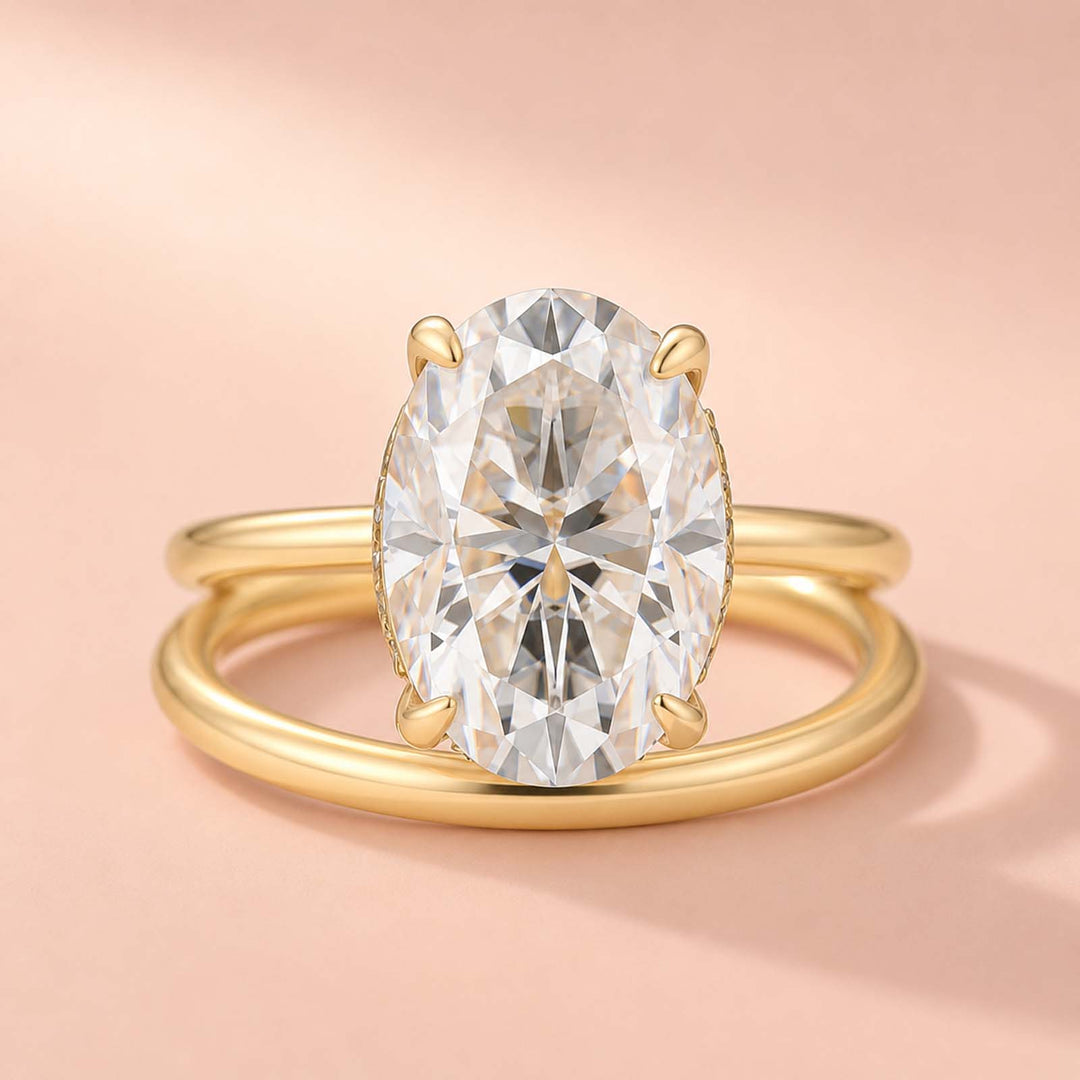 Rodiffy Moissanite 4.0Ct Solitaire Oval Cut Yellow Gold Engagement Ring with Plain Wedding Band