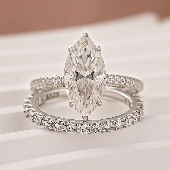 Moissanite 3.0Ct Marquise Cut Pave Three-Sided Band Bridal Ring Set
