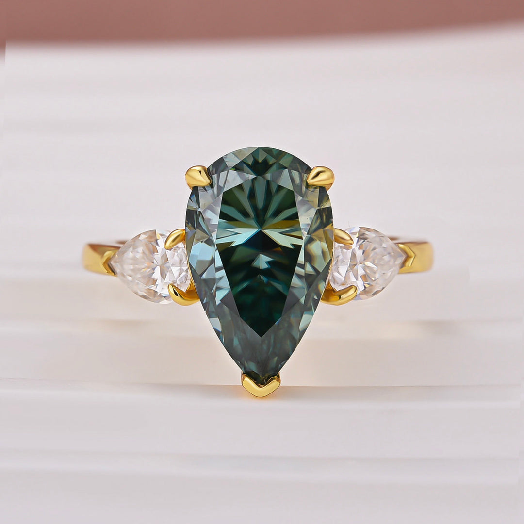 4.0Ct Green Pear Cut Moissanite Three-Stone Nature-Inspired Ring