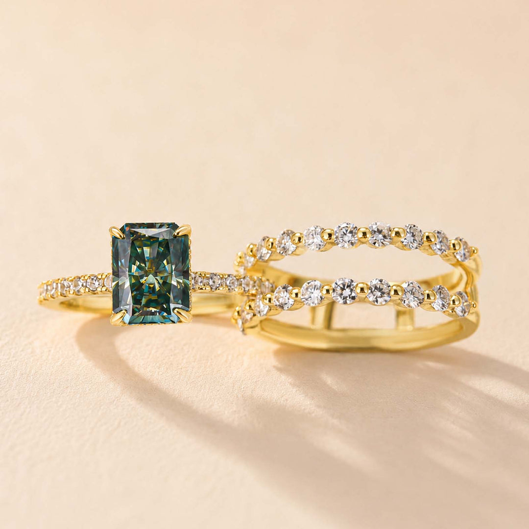 S925 Moissanite 2.0Ct Radiant Cut Green Hidden Halo Ring & 0.77Ct Band Vintage Enhancer Ring Sets For Everyday Wear