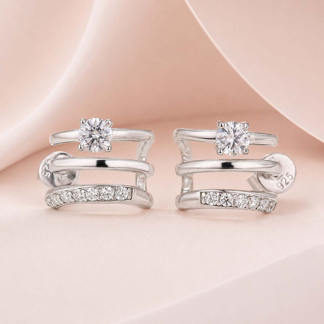 S925 Moissanite 0.1Ct*2 Round Cut Triple-Band Hoop Earrings Minimalist Everyday Wearable Earrings