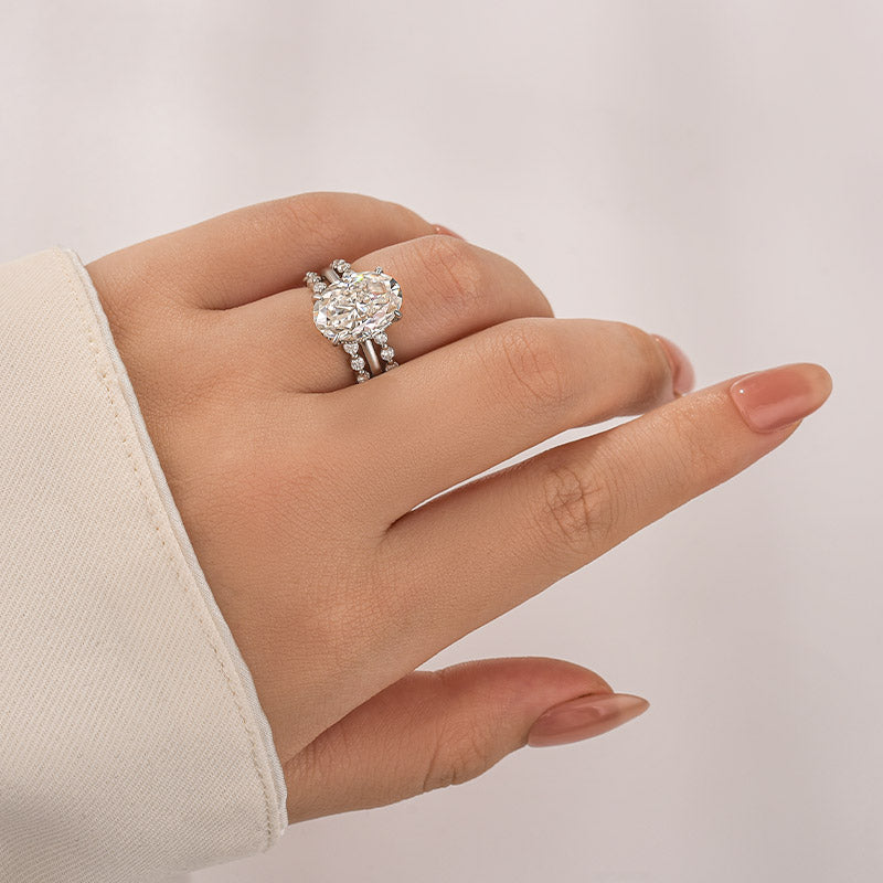 Moissanite 5.5Ct Hidden Halo Oval Cut Engagement Ring with 1.5 Ct Round Cut Yellow Gold Anniversary Ring