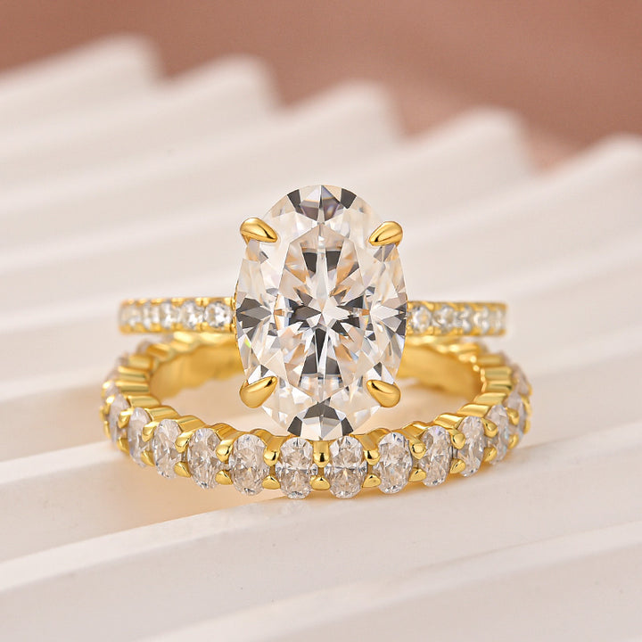 Moissanite 4.0Ct Hidden Halo Oval Cut Yellow Gold Engagement Ring with 3.0Ct Oval Cut Wedding Band