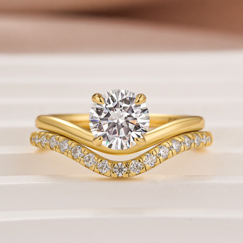 S925 Moissanite 1.0Ct Round Cut Promise Ring & V-Shaped 0.25Ct Band Stackable Bridal Ring Set