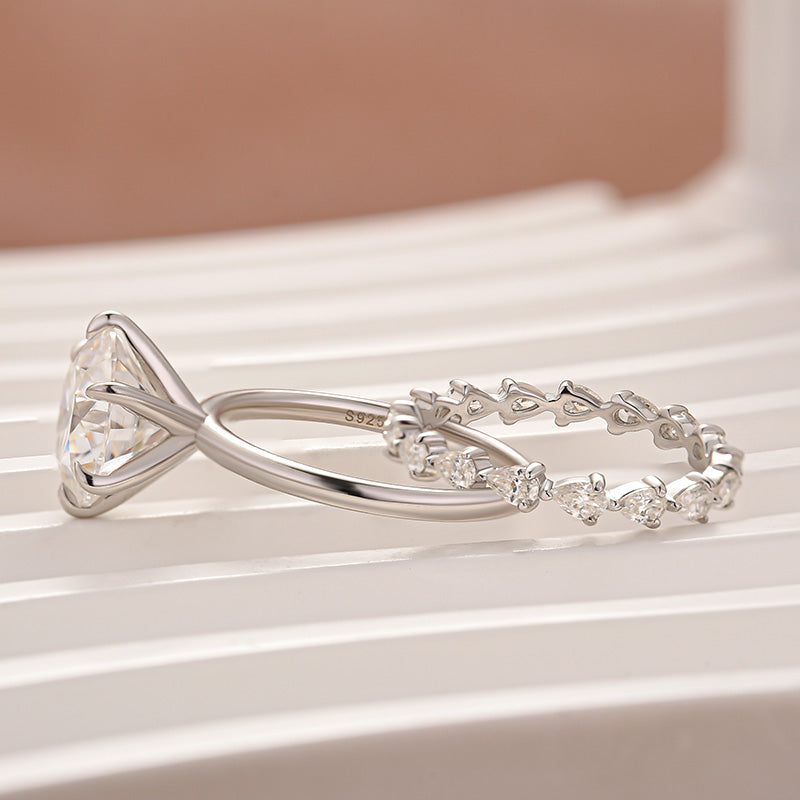 2PC Moissanite 4.0Ct Round Cut /Pear Cut Engagement Ring With Pear Cut Wedding Band Wedding Ring Set