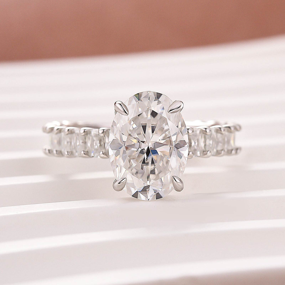 Moissanite 3.5Ct Oval Ring With Hidden Sparkle & Side Stones In Sterling Silver