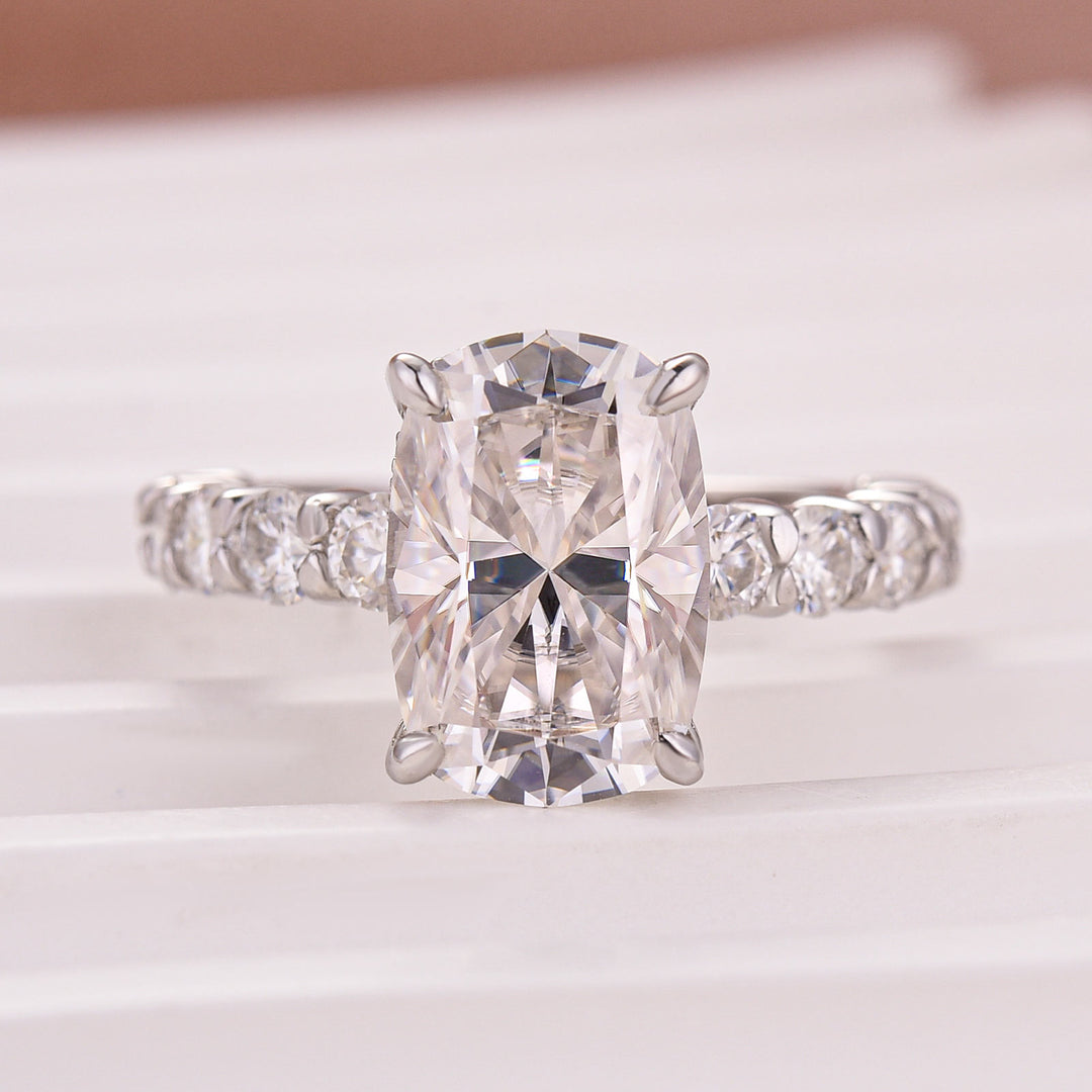 S925 Moissanite 4.5Ct Cushion Cut 18K White Gold Plated Elongated Stone Everyday Wearable Ring For Her