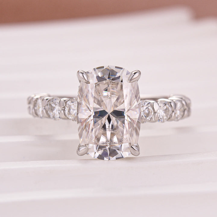 S925 Moissanite 4.5Ct Cushion Cut 18K White Gold Plated Elongated Stone Everyday Wearable Ring For Her
