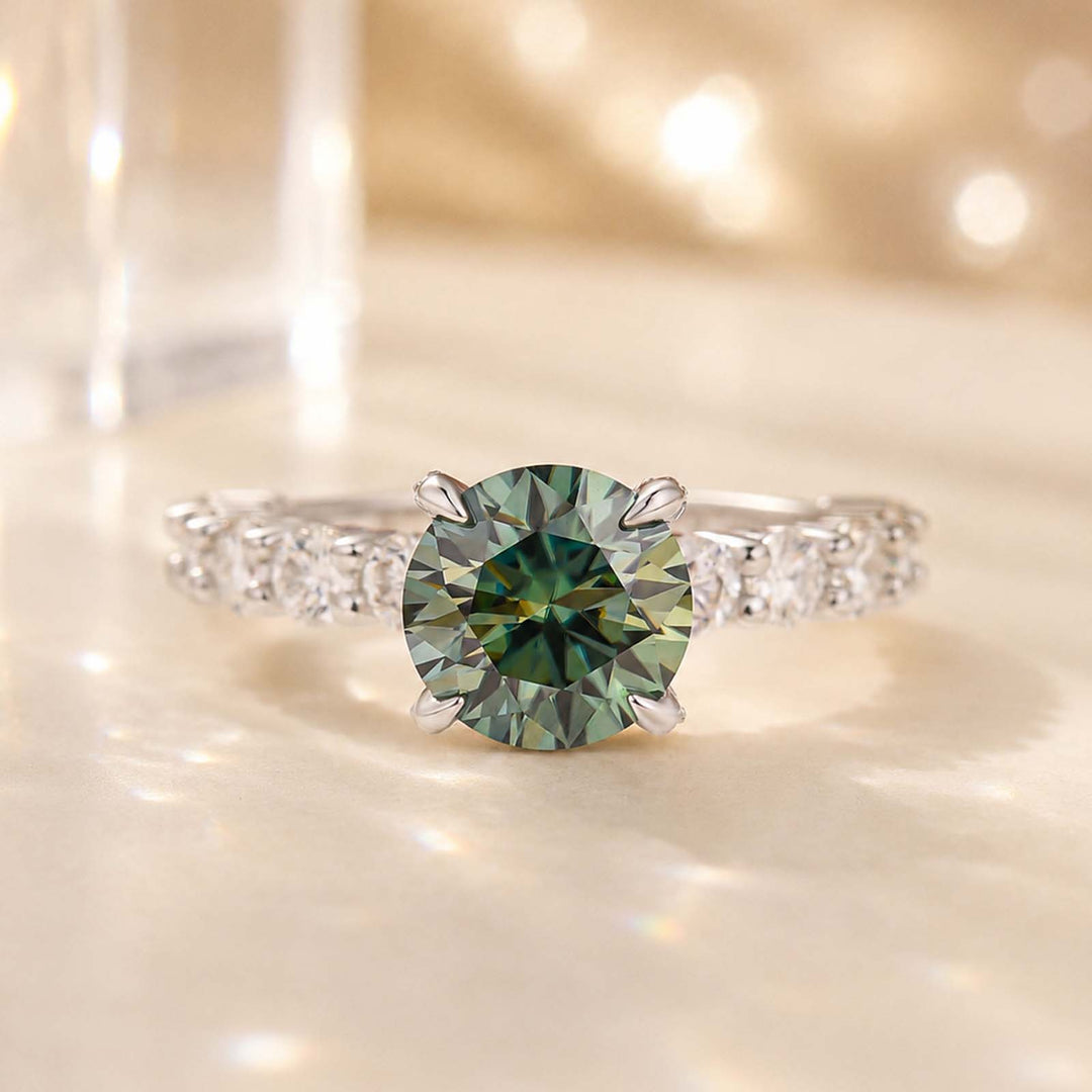 S925 2.0Ct Round Cut Green Moissanite Solitaire Engagement Ring with Pavé Band in Sterling Silver