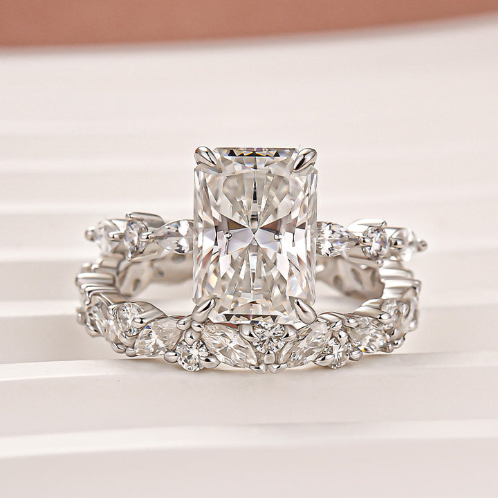 Moissanite 3.5 Ct Radiant Cut White Gold Engagement Ring with Marquise &amp; Round Wedding Ring
