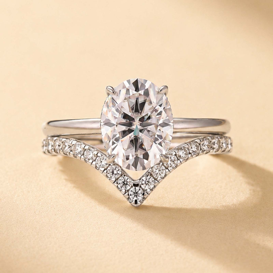 S925 Moissanite 2.0Ct Oval Cut Bridal Ring Set with 0.5Ct V-Shaped Wedding Band