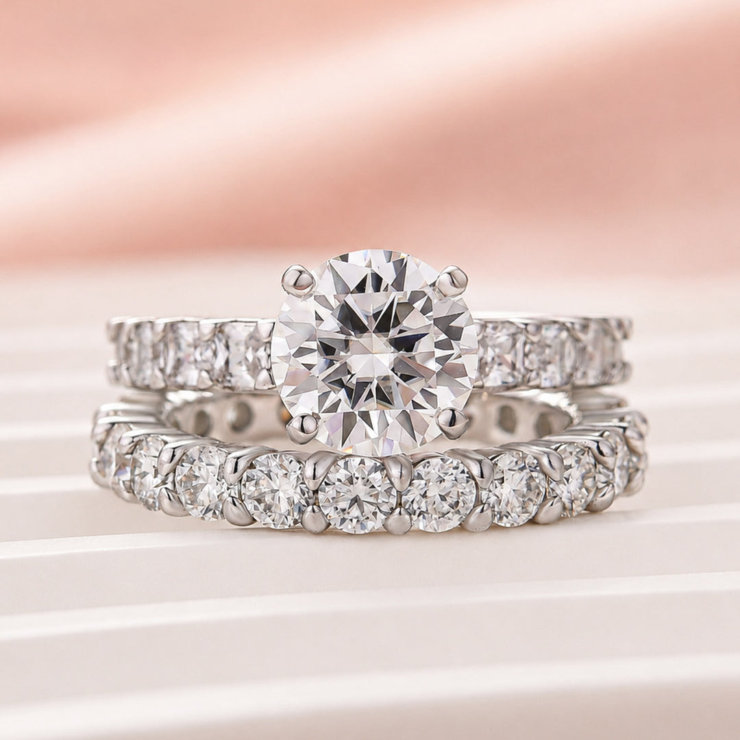 S925 Moissanite Side Stone 2.0Ct Round Cut Engagement Ring With 2.5Ct Full Eternity Band