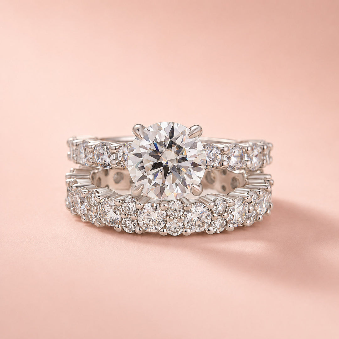 Rodiffy Moissanite S925 2.0Ct Round Cut 2PC Brival Ring Set Solitaire Promise Ring & Pavé Eternity Band