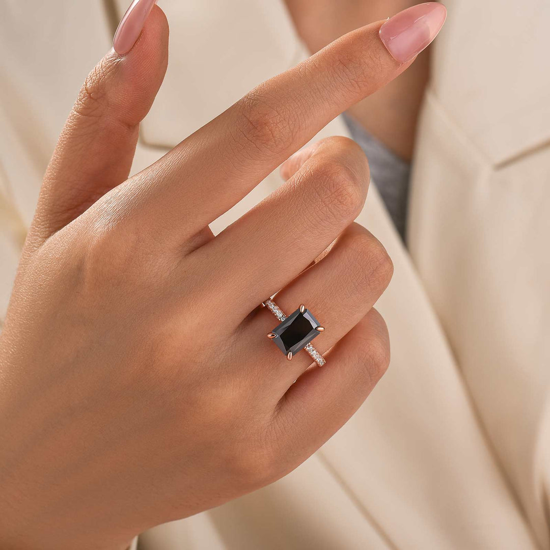 Moissanite Radiant Cut 3.5Ct Hidden Halo Black Stone Ring In Sterling Silver