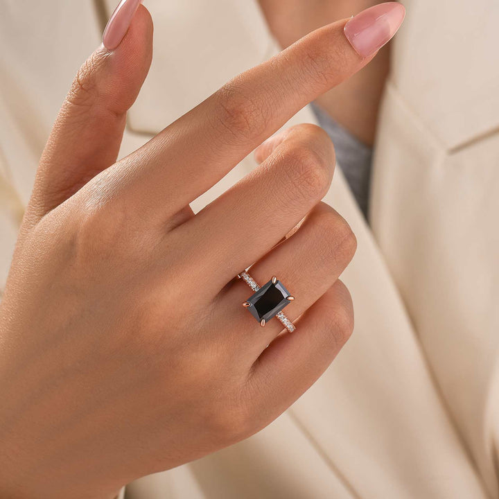 Moissanite Radiant Cut 3.5Ct Hidden Halo Black Stone Ring In Sterling Silver