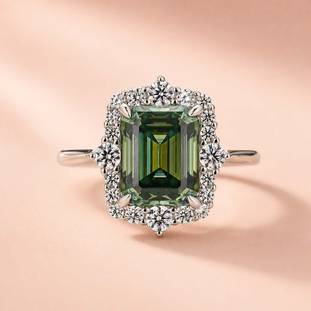 Moissanite 3.0Ct Halo Emerald Stone Emerald Cut Engagement Ring in Sterling Silver