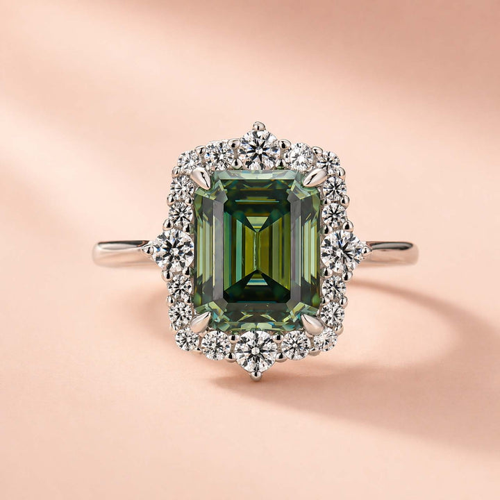 Moissanite 3.0Ct Halo Emerald Stone Emerald Cut Engagement Ring in Sterling Silver