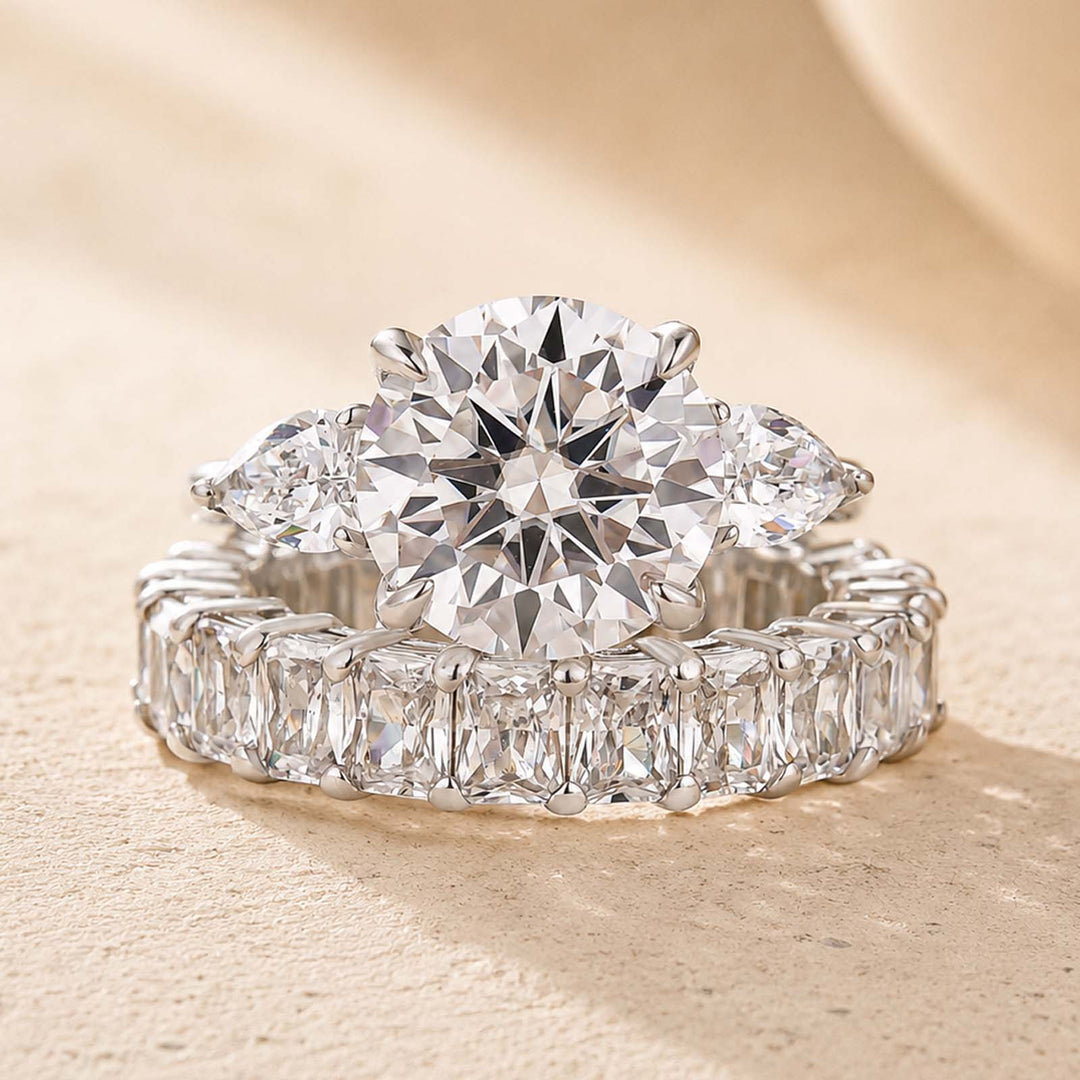 S925 Moissanite 4.0Ct Round Cut Three Stone Engagement Ring with 3.5Ct Elegant Radiant Cut Wedding Band