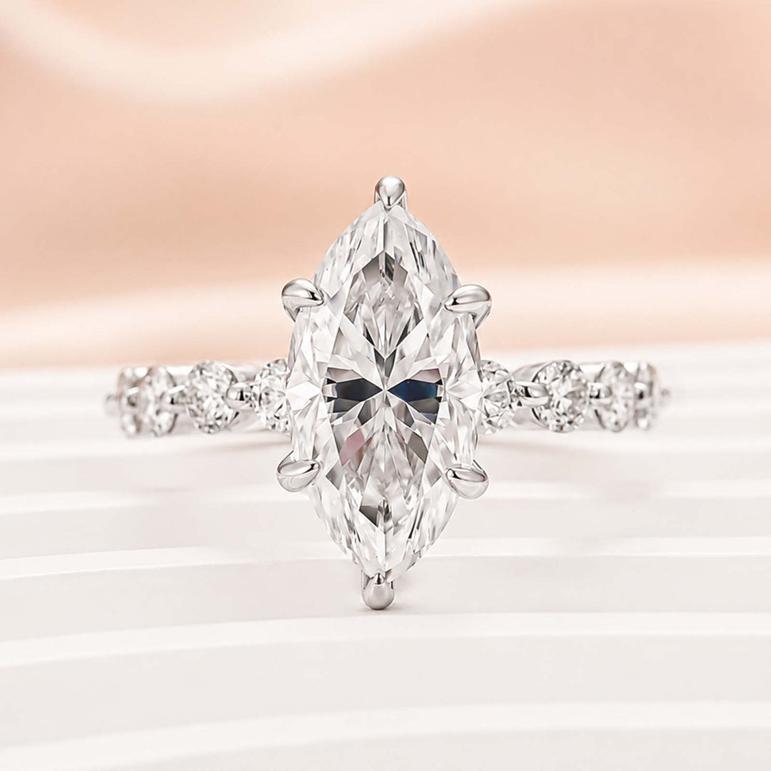 S925 Moissanite 3.0Ct Marquise Cut Side Stone Promise Ring Everyday Wearable Ring