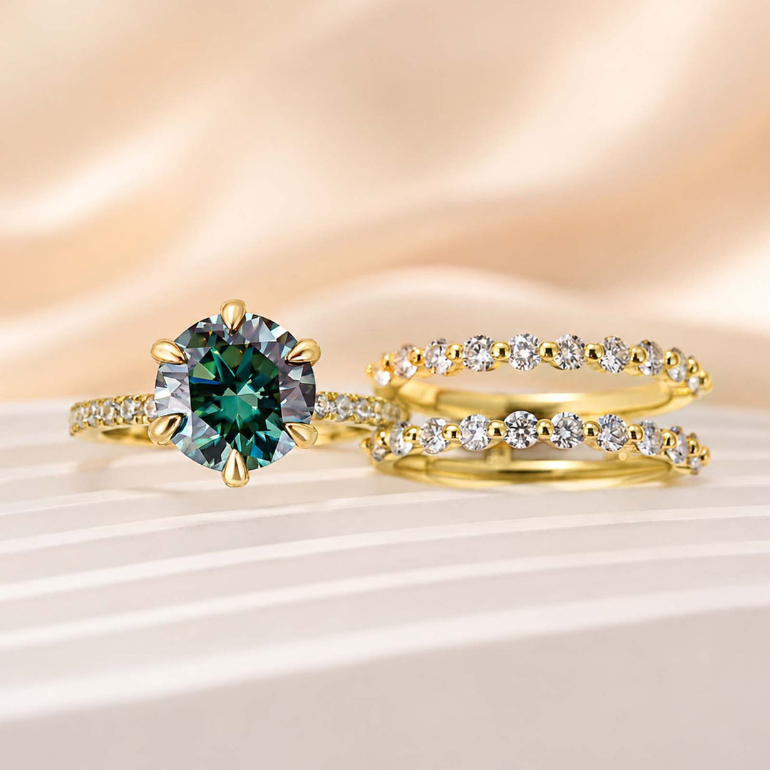 S925 Moissanite 2.0Ct~3.0Ct Radiant Cut/Round Cut Green Hidden Halo Vintage Enhancer Ring Sets