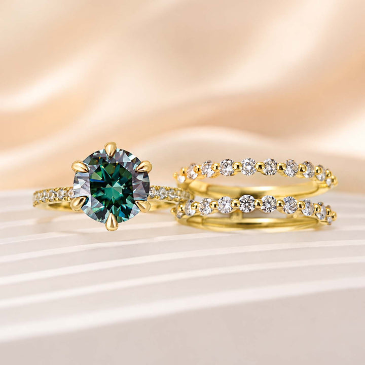 S925 Moissanite 2.0Ct~3.0Ct Radiant Cut/Round Cut Green Hidden Halo Vintage Enhancer Ring Sets