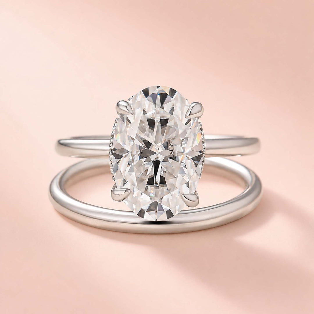 Rodiffy Moissanite 4.0Ct Solitaire Oval Cut White Gold Engagement Ring with Plain Wedding Band