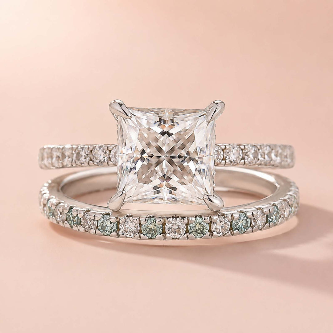 S925 Moissanite 2CT Princess Cut Engagement Ring Set 2PC Hidden Halo Solitaire Ring With Wedding Band