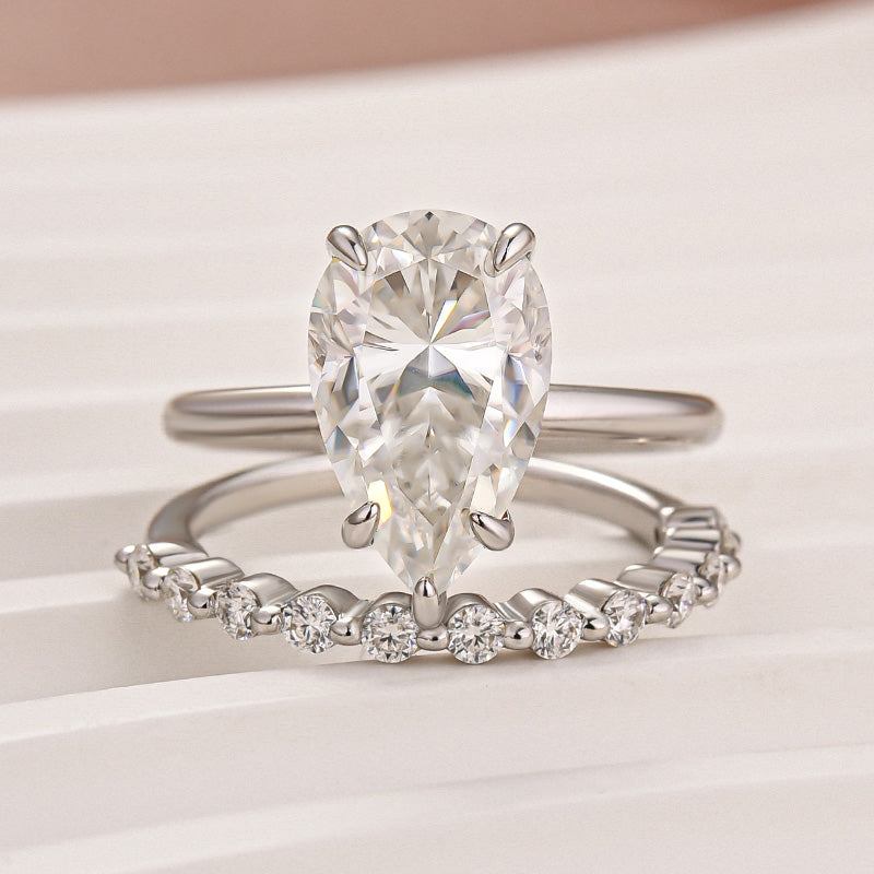 S925 Moissanite 4.0Ct Pear Cut Engagement Ring With Pave 0.36Ct Band 2PC Stackable Bridal Ring Set
