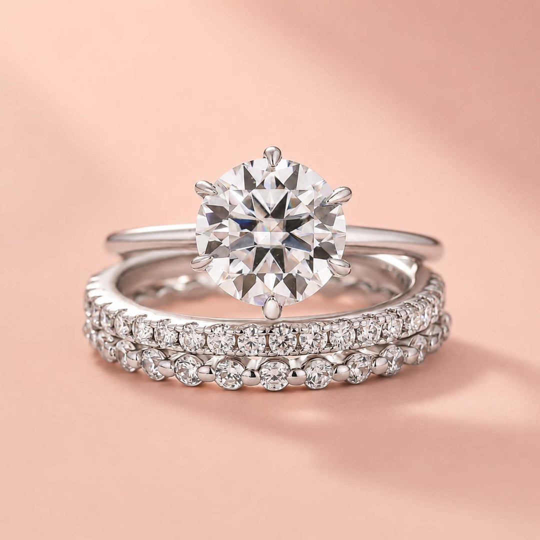 S925 Moissanite 2CT Round Solitaire 3-Piece Bridal Ring Set Engagement Ring With Wedding Bands