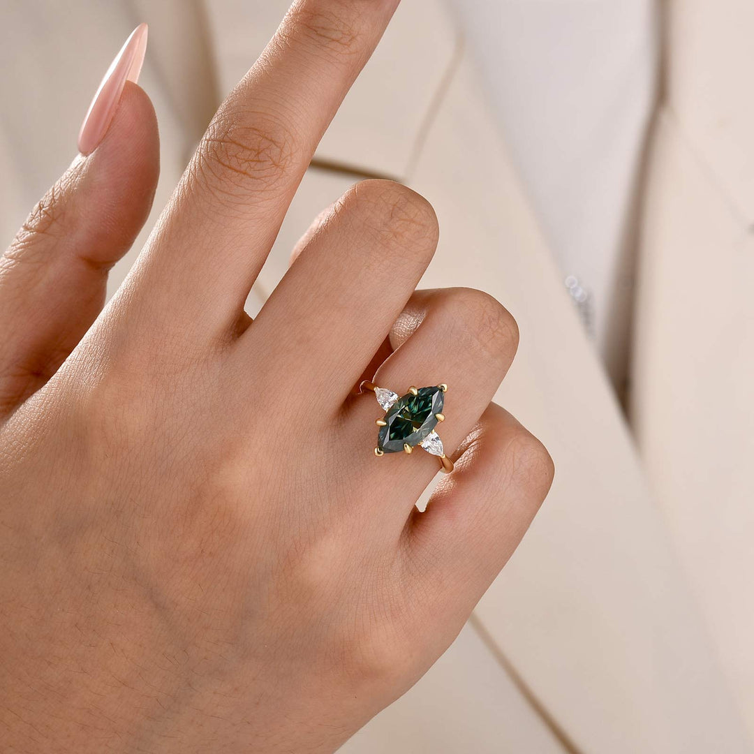 Three-Stone 3.0Ct Green Marquise Moissanite 18K Yellow Gold Plated Engagement Ring