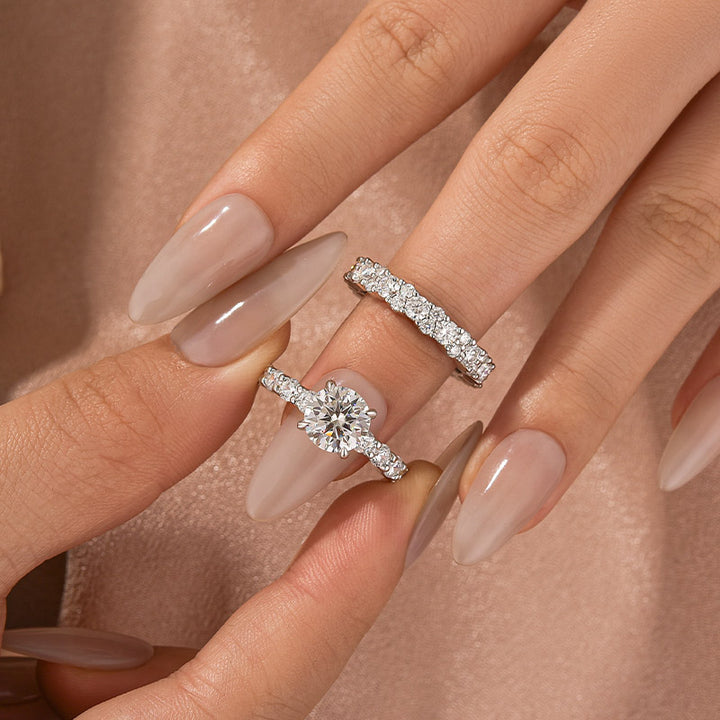 Moissanite 4.0Ct/3.0 Ct Round Cut White Gold Stack Wedding Ring with Round Cut Full Wedding Band