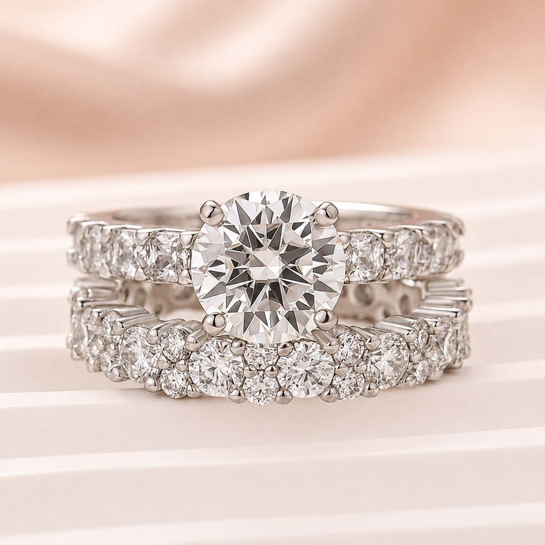 S925 Classic Moissanite 2.0Ct Round Cut Ring & 2.5Ct Stack Band Set