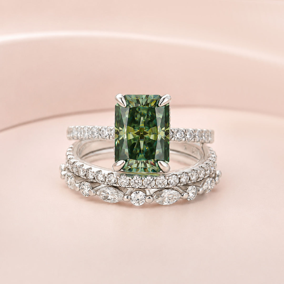 S925 Moissanite 3.5CT Radiant Cut Green Engagement Ring with Round & Marquise Accents Bands