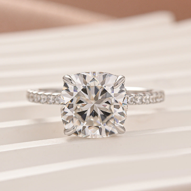 S925 Moissanite 3.5Ct Cushion Cut Double Hidden Halo Engagement Ring in Sterling Silver