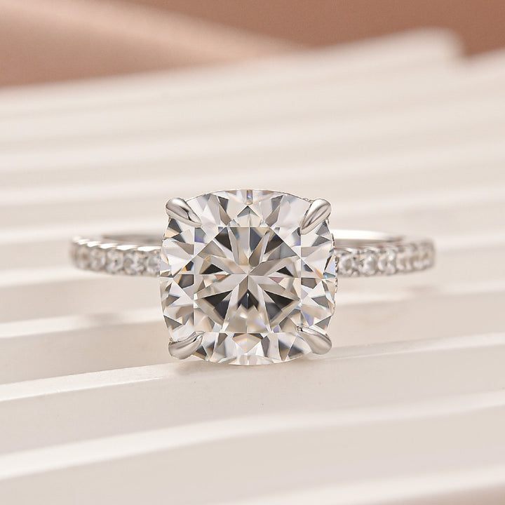 S925 Moissanite 3.5Ct Cushion Cut Double Hidden Halo Engagement Ring in Sterling Silver