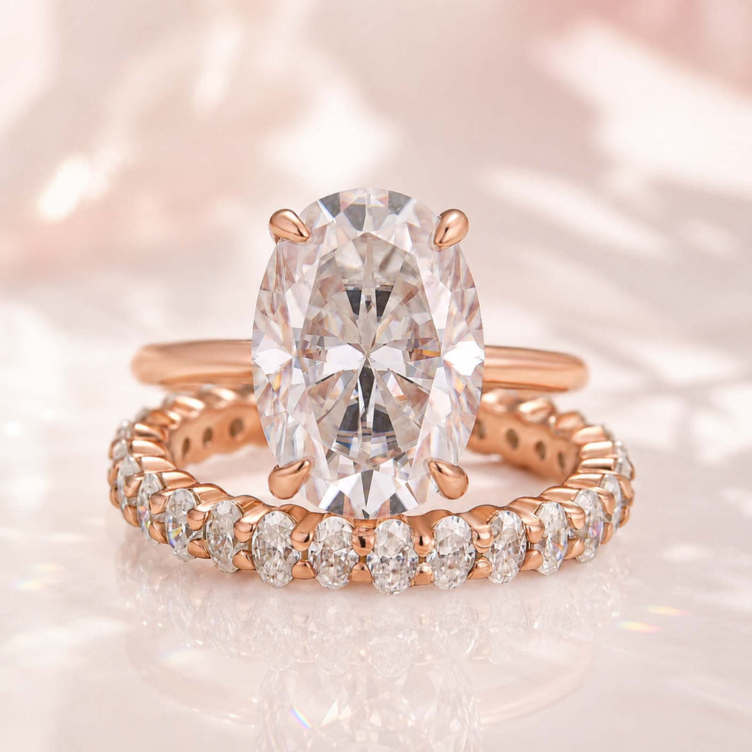 S925 Moissanite 5.5Ct Solitaire Oval Cut Rose Gold Engagement Ring with Eternity Oval Cut Ring