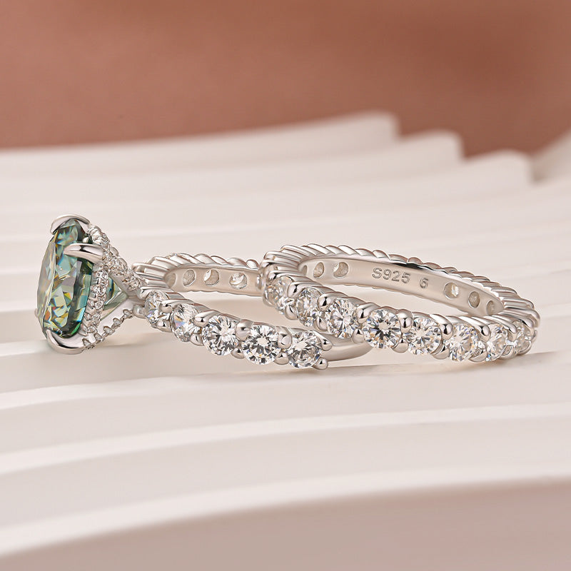 Moissanite 4.0Ct Turquoise Round Cut Side Stone White Gold Travel Bridal Set